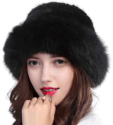 Valpeak Womens Winter Hat Knitted Mink Real Fur Hats with Fox Brim (Black)