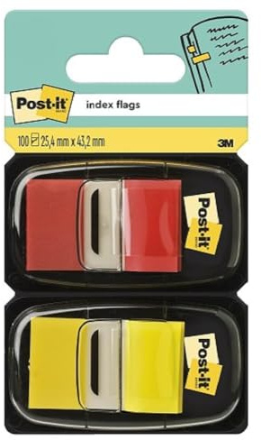 Post-it Index Flags, Medium, Red and Yellow, 2 Dispensers 25.4 mm x 43.2 mm, 100 Flags - To Mark, Highlight or Colour Code Important Information