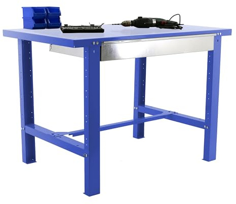 Industriell arbetsbänk med låda BT6 Simonwork Metalic Blå Simonrack 830x1800x730 mm - robust arbetsbänk 600 kg kapacitet per hylla
