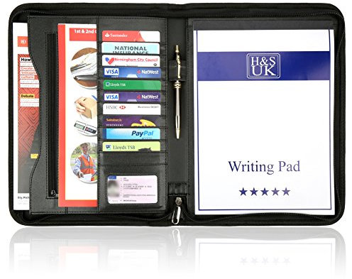 H&S A4 Schreibmappe mit Reißverschluss - Kunst Leder Konferenzmappe mit Seitenfächern, Schreibblock und 11 Visitenkartenfächern - Aktenmappe für Damen und Herren in Schwarz - Buchmappe - Aufmaß Mappe