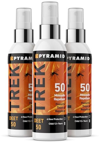 Pyramid Trek Insect Repellent Spray with 50% DEET Formula - Unscented Mosquito Repellent - Perfect for Tropical Destinations - Up to 6hrs Protection & Suitable for Kids 12+ Years (3 Bottles of 100ml)
