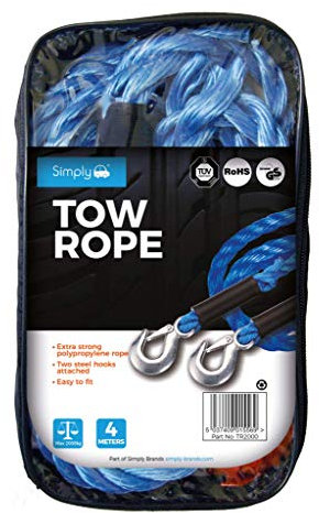 Simply TR2000 Blue Touring Tow Rope – 4 metres Long – Supports up to 2000kg – Dual Spring Snap Hooks – Easy to Fit – Extra Strong Polypropylene Rope
