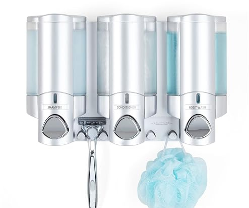 Better Living Aviva Shower Dispenser 3 Chamber, Wall Mount Shower Soap Dispenser for Bathroom Hotel Body Wash, Built-in Hooks, No Drill, Waterproof Shampoo Soap Dispenser, 3 x 11 oz, Satin Silver