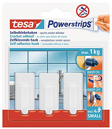 tesa UK Powerstrips Hooks Small RECTANGLE Removable Self-Adhesive Wall Hook for Glass, Tiles, Wood, Plastic and Other Surfaces - Waterproof - White - Strong Hold up to 1 kg
