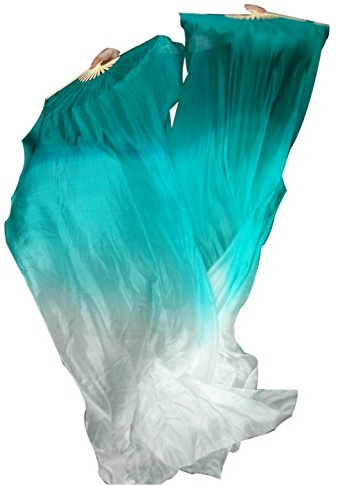 Winged Sirenny Belly Dance Silk Fan Veils Adjustable Pairs, 70(180 cm) Worship Praise Flags Streamers(peacock blue fading)