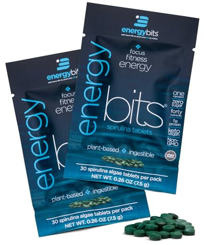 ENERGYBITS - Organic Spirulina Tablets - Plant-Based Algae Superfood - for Focus, Fitness, Energy - Plant Protein - Gluten Free - Collagen, Vitamin B12, Omega 3 - Keto & Vegan - 60 Algae Tablets