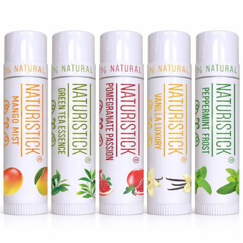 5-Pack Premium Beeswax Lip Balm by Naturistick | Chemical-Free, 100% Natural Chapstick for Dry, Chapped Lips | Made with Coconut Oil, Shea Butter, Aloe Vera | 5 Assorted Scents | Made in the USA