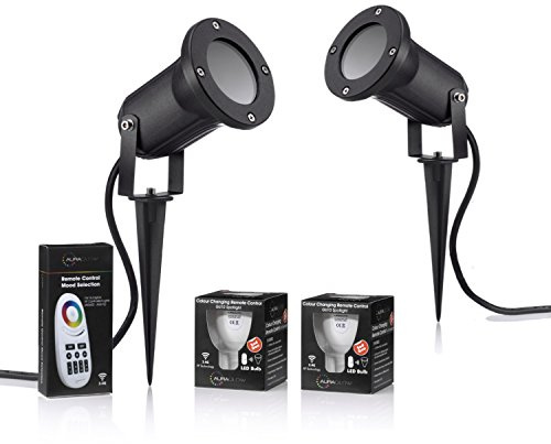 Auraglow Deep Flush GU10 Holder Garden Spike Light Outdoor Uplighter and RF Remote Control Color Changing LED Bulbs Pack - Twin Pack