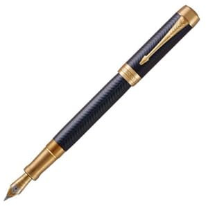 Parker Duofold Prestige Füller | Blue Chevron | Größe Centennial | Füllfederhalter mit feiner Feder aus Massivgold | schwarze Tinte und Konverter | Geschenkbox