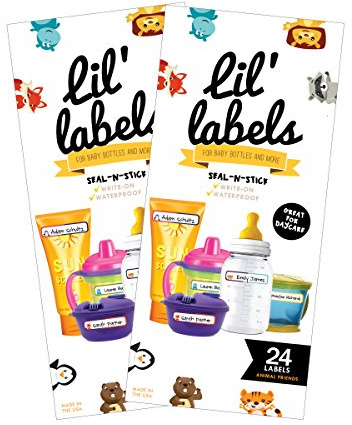 Bottle Labels, Write-On Name, Self-Laminating, Waterproof, Baby Bottle Label for Daycare, Made in The USA (Animal Friends Set of 2)