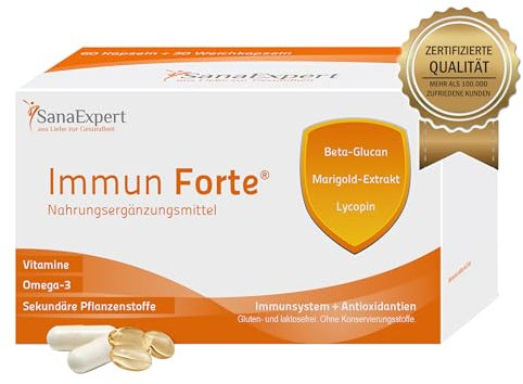 SanaExpert Immun Forte - Suplemento Natural para Reforzar el Sistema Inmunitario con Omega 3, Beta-Glucano - Vitamina C - Magnesio - 90 Cápsulas - Fabricado en Alemania
