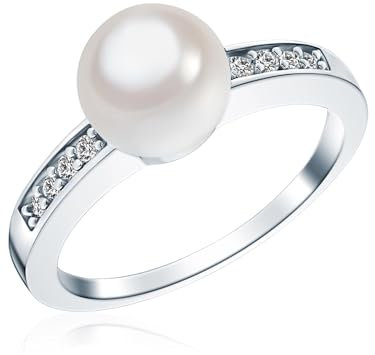 Rafaela Donata Damen-Ring 925/- Sterling Silber mit Muschelkernperle 8 mm Rund Weiß und Zirkonia - Silberring mit Perle und Zirkonia Perlenring