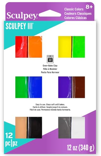 Sculpey III: Multipack: Classics - 12 Color Variety, 1oz Bars, Polymer Oven Bake Clay, Non-Toxic, Sculpting-Jewelry-Craft Projects, DIY Art Supplies