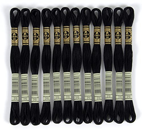 DMC - Set de 12 madejas de DMC Genuine BLACK, hilo de bordar 117MC, 100% algodón - Apto para todas las técnicas y todos los materiales, ideal para el punto de cruz