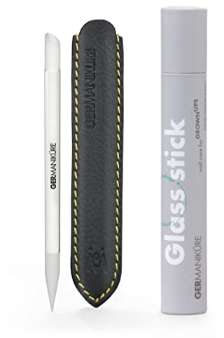 GERMANIKURE Clear Glass Cuticle Stick in Leather Sleeve - Ethically Made in Czech Republic - Cuticle Pusher & Remover, Callous & Dry Skin Fingertip File, Nail Shaper