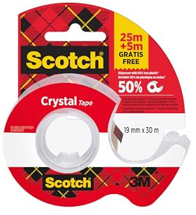 Scotch Crystal Ruban Adhésif Transparent, 1 Rouleau sur le Dévidoir Manuel + 5 m GRATUIT - Ruban Adhésif Transparent à Usage Général pour l'Ecole, la Maison et le Bureau