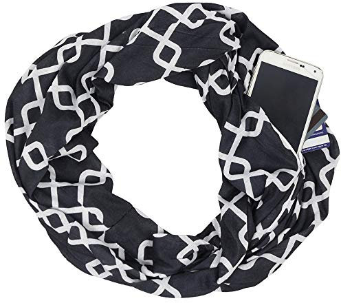 Pop Fashion Shop Womens Interlocking Chain Square Pattern Scarf with Zipper Pocket (Black)