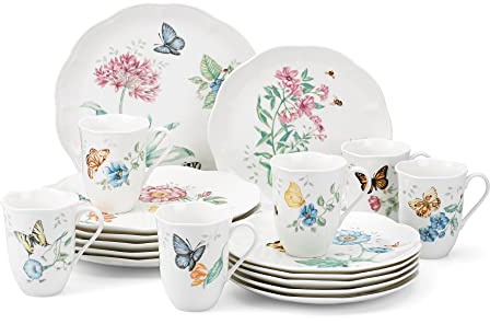 Lenox Dinnerware Set, Butterfly Meadow 18-Piece Set, Service For 6, White Porcelain, Butterfly And Flower Designs, Plates And Bowls Sets, Dishwasher Safe, Home & Kitchen (18 Pieces, Assorted)