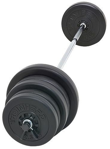 Langhantelset aus 1,6 m Hantelstange mit 50 kg Gewichten (4 x 2,5 kg, 4 x 5 kg, 2 x 10 kg) und Verschlüsse