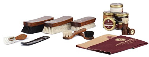 Langer & Messmer Kit per la cura delle scarpe con creme per la cura della pelle di alta qualità e spazzole di crine per una cura efficace delle vostre scarpe in pelle liscia - Il set di lustrascarpe
