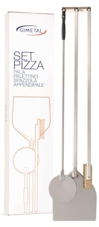 Gi.Metal Set Pizza da Parete per Uso domestico – Linea Amica (Pala per Pizza Testa 32x30cm, Palettino Testa diametro 20cm, Spazzola Forno Pizza e Appendipale a Parete 3 posti, h strumenti 120cm)