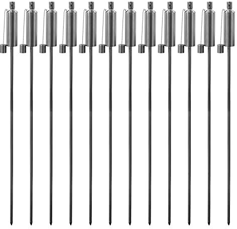 Harbour Housewares Torches de jardin en métal - Cylindre - Paquet de 12-146 cm Torches de jardin argentées Éclairage extérieur moderne Lampe à huile de paraffine Lanterne à flamme de bougie