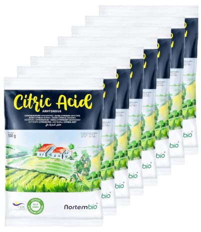 Nortembio Acido Citrico 8x500g – Acido Citrico Anidro Concentrato 100 % Puro Certificato – Pulizia Domestica Multiuso – Senza OGM – E-Book Incluso