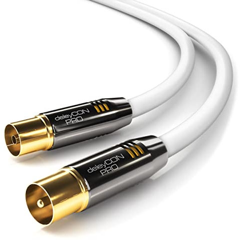 deleyCON 5m 4K TV Antennenkabel Koaxialkabel TV-Kabel HDTV FULL HD - IEC-Stecker zu IEC-Buchse - Metallstecker - Analog Digital - Weiß