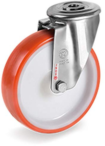 Roulette à oeil INOX pivotante diamètre 80 mm roue polyuréthane rouge - 120 Kg
