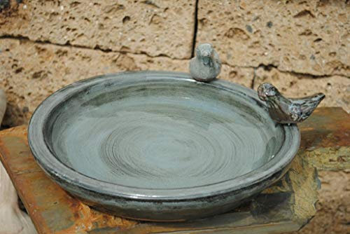 Vogeltränke mit Zwei kleinen Vögelchen,rund,grau glasiert,30cm,%mit kleinen Fehlern%