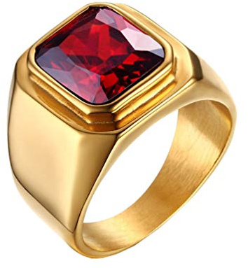 PMTIER Men's Stainless Steel Simple Gold Plated Ring with Square Red Gem Stone Size 10
