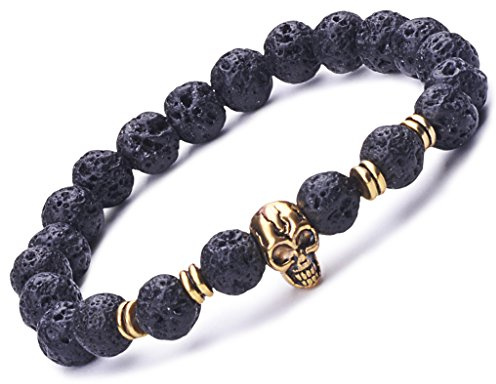 Infinite U, bracciale elastico con teschio e perle da 9 mm, in lega e pietra lavica, unisex, mala da polso, yoga, bracciale per la meditazione, da donna e da uomo, color nero e oro