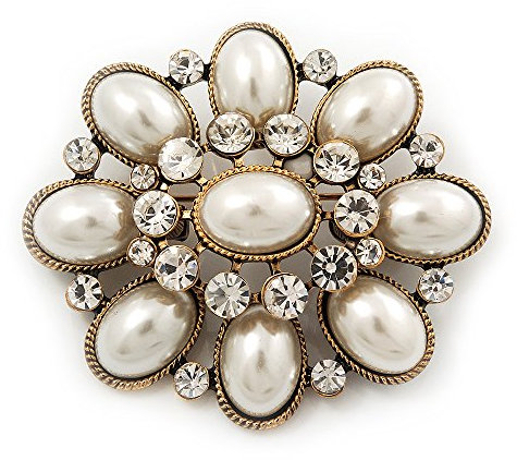 Broche vintage en métal doré antique avec fausses perles et strass – 5,5 cm de long, taille unique, Perle, Fausses perles.