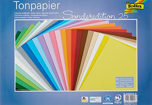 folia 6735/25 99 - Tonpapier Mix, ca. 35 x 50 cm, 130 g/m², 25 Blatt sortiert in 25 Farben, zum Basteln und kreativen Gestalten von Karten, Fensterbildern und für Scrapbooking