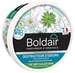 BOLDAIR - Odour Destroyer BOLDAIR - Destructeur d'Odeurs en Gel Thé Vert/Aloe Vera - Neutralise les Mauvaises Odeurs & Parfume l'Air - Made in France - Boîte Diffuseuse 300 gin Green Tea/Aloe Vera Gel