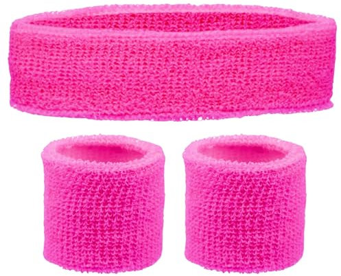Schweissband und Stirnband Set – Schweißband Neon für 80er Jahre Outfit Damen - Neon Accessoires für Fun Runs Team Building Events Pride Partys Gymnastik Sport Tennis – Stirnband 80er Jahre (Pink)