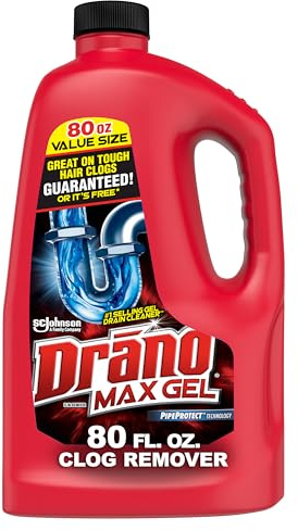 Drano Max Gel Drain Clog Remover & Cleaner, Fast-Acting to Unclog Standing Water & Remove Hair, Grease & Food Blockages, Safe for all Pipes & Septic, Kitchen Sinks, Bathroom Showers & Tubs, 80 Oz
