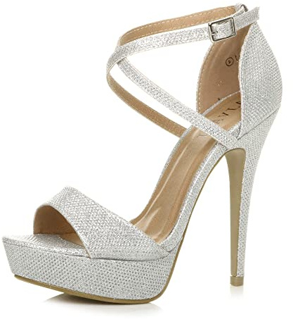 Ajvani Womens Ladies Platform high Heel Peeptoe Cross Over Strappy Shoes, 3 UK, Silver Shimmer
