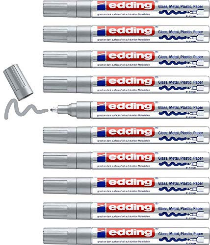 edding 750 Glanzlackmarker - silber - 10 Lackmarker - Rundspitze 2-4 mm - Lackstift für Glas, Stein, Holz, Kunststoff und Papier - wasserfest, stark deckend