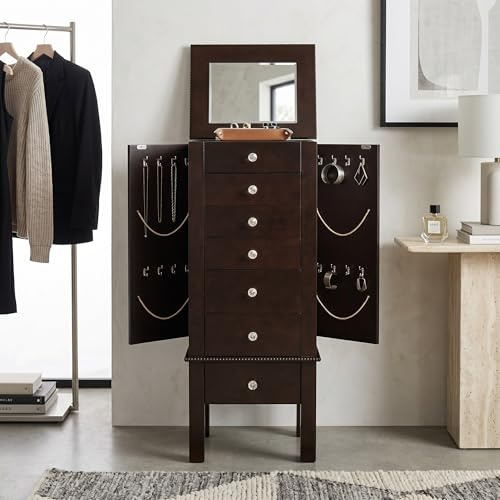 Hives and Honey Crystal Jewelry Armoire - Modern Espresso Storage Organizer with Divided Drawers and Necklace Hooks - French-Inspired Design with Jewel-Like Pulls - Anti-Tarnish Felt Lining