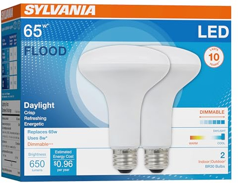 Sylvania LED Flood BR30 Light Bulb, 65W=8W, 10 Year, Medium Base, 650 Lumens, Dimmable, 5000K, Daylight - 2 Pack (73956)