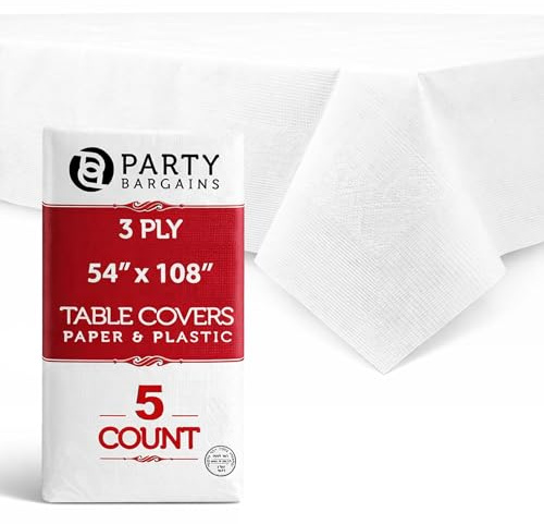 PARTY BARGAINS Disposable Table Covers, 54 x 108 Inch, White, 3-Ply Paper & Plastic Spill-Resistant Party Tablecloths, 5 Pack