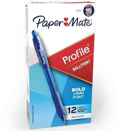 Paper Mate Profile Retractable Ballpoint Pens, Bold Point (1.4mm), Blue Ink, 12 Count - Writing, Office, Teacher Supplies