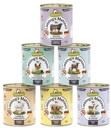GranataPet Liebling's Mahlzeit Multipack 1, Nassfutter für Hunde im Probierpaket, Alleinfuttermittel ohne Getreide, Hundefutter mit hohem Fleischanteil & hochwertigen Ölen, 6 x 800 g