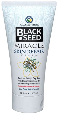 Amazing Herbs Black Seed Miracle Skin Repair Cream - Non-Allergenic Formula, Black Cumin Seed Oil, Vitamin E, and Other Essential Oils Support Collagen & Elastin Production - 6 Fl Oz