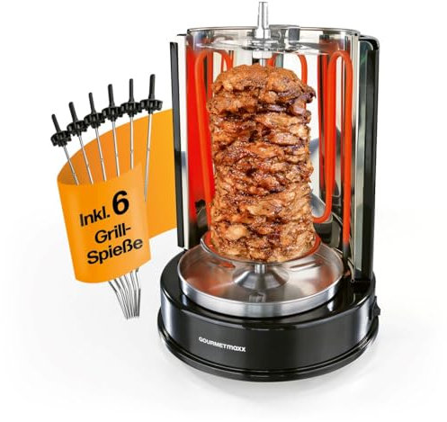 GOURMETmaxx Gril à kebab | Gril électrique vertical pour kebab, gyros, chachlyk | Gril électrique avec broche centrale et 6 broches supplémentaires, également utilisable comme gril à chachlyk