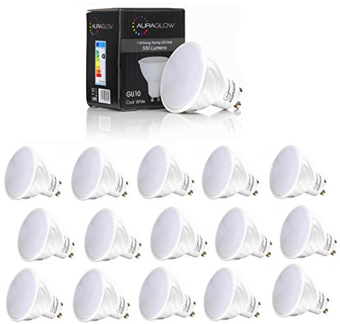 AURAGLOW Super Bright 7w LED GU10 Bombilla, luz diurna blanca fría 6500k - RETROFIT - 550 lúmenes - 70w EQV - Sixteen Pack