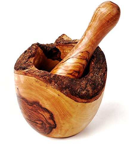 DAS OLIVENHOLZBRETT® Mörser und Stößel aus Holz, Olivenholz, naturbelassener Rand (ca. 12cm Durchmesser)