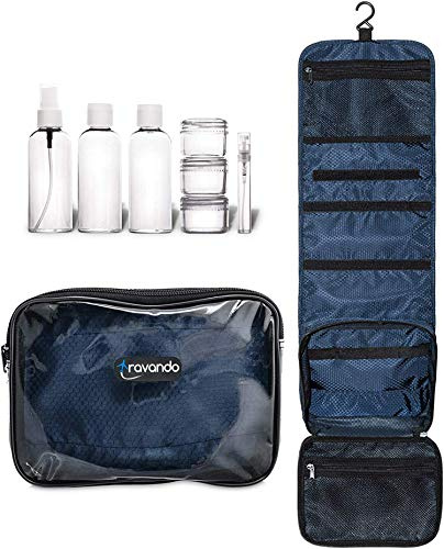 TRAVANDO Trousse de Toilette FLEXI à suspendre + Sac Transparent + 7 Pots, Contenants, Bouteilles pour l’Avion | Set, Kit de Voyage | Sac de Toilette, Nécessaire Cosmétiques pour Hommes et Femmes
