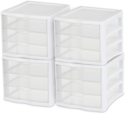 STERILITE 3 Drawer Desktop Storage Unit, Tabletop Organizer for Desk, Countertop at Home, Office, Bathroom, White with Clear Drawers, (Pack of 4)